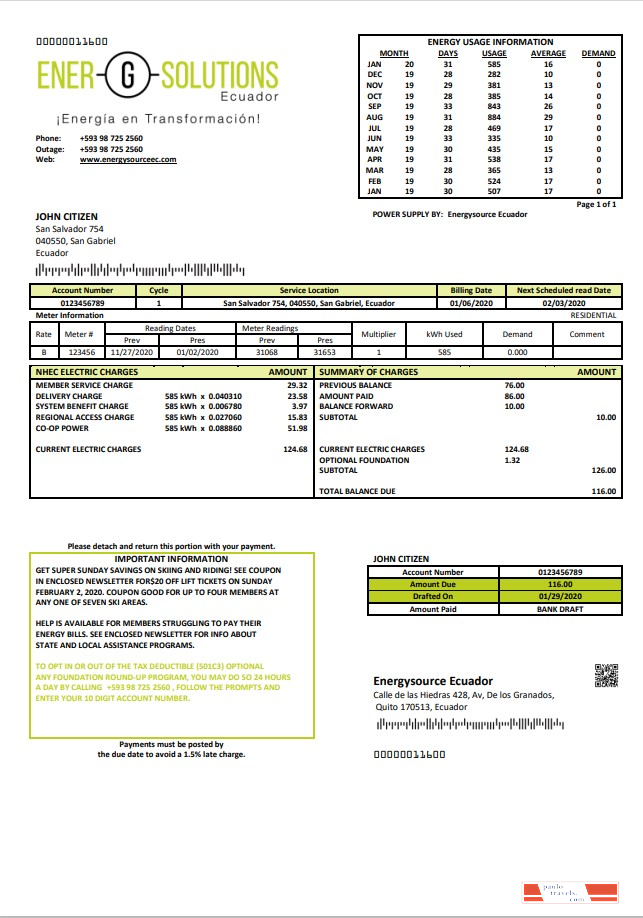 Ecuador Energysource Ecuador energy utility bill template in Word and PDF format